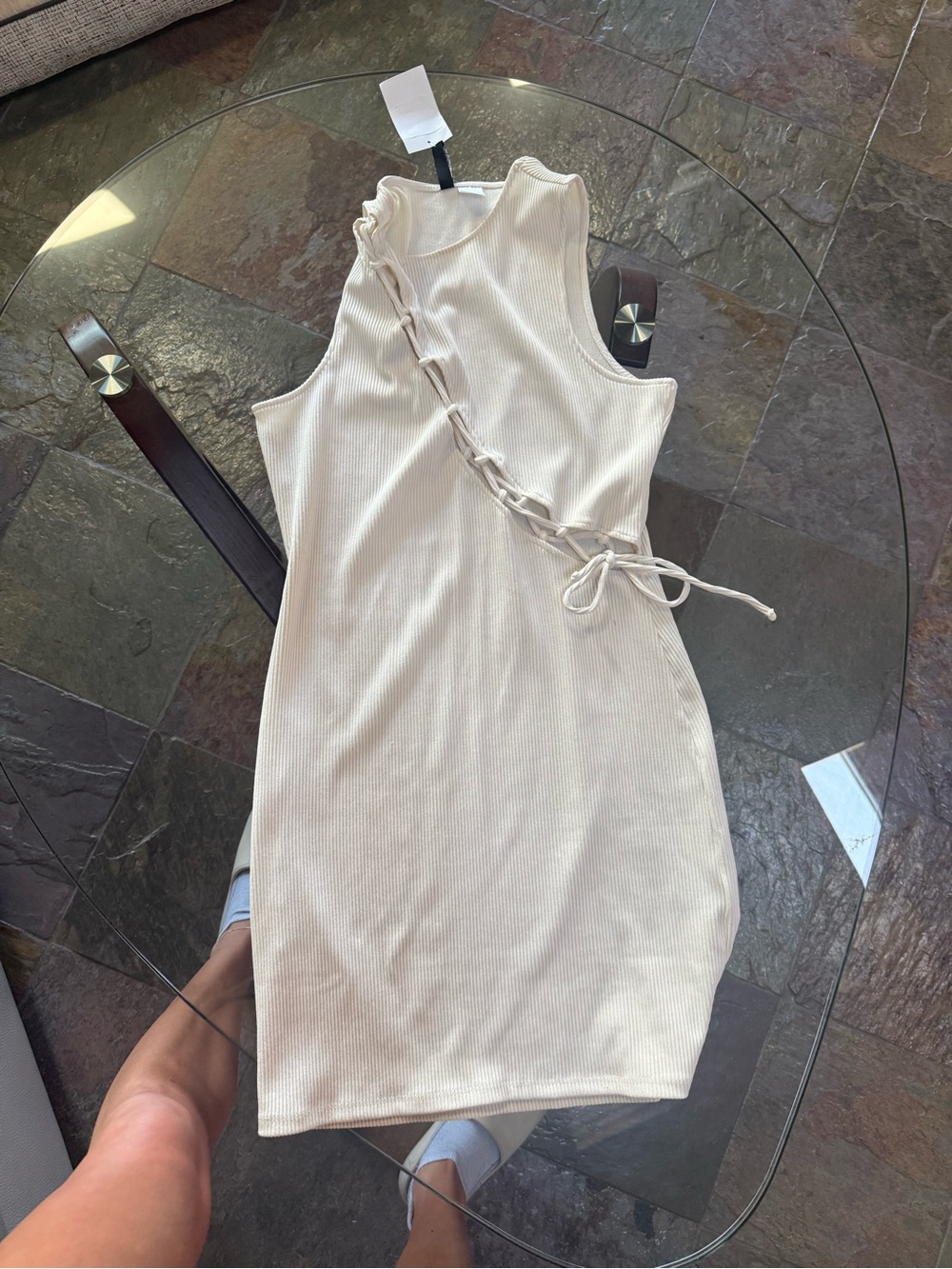 H&M Beige Ribbed Mini Dress with Side Lace-Up